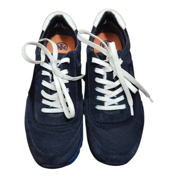 Tory Burch Navy Suede Mesh Sneakers Women’s 9.5 Suede Textile Upper Logo Trainer - Picture 3 of 14